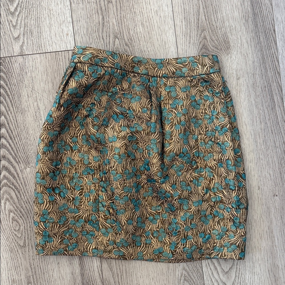 Cynthia Rowley Gold Brocade Mini Skirt with Teal Floral Accents